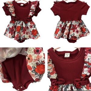Burgundy Ribbed Floral Ruffled Short Sleeve Bodysuit Dress Infants 6 Months